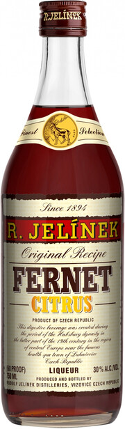 На фото изображение R. Jelinek, Fernet Citrus, 0.75 L (Рудольф Елинек, Фернет Цитрус объемом 0.75 литра)