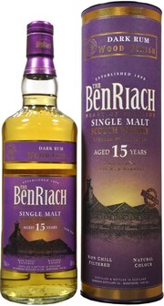 На фото изображение Benriach, Dark Rum Wood Finish 15 years old, in tube, 0.7 L (Бенриах, Дарк Рум Вуд Финиш 15 лет выдержки, в тубе в бутылках объемом 0.7 литра)