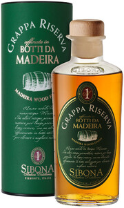 На фото изображение Sibona, Grappa Riserva Madeira Wood Finish, in tube, 0.5 L (Сибона, Граппа Ризерва Мадейра Вуд Финиш, в тубе объемом 0.5 литра)