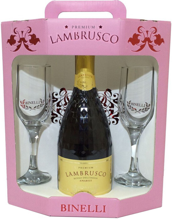 На фото изображение Binelli Premium Lambrusco Rosso Amabile, DellEmilia IGT, gift set with 2 glasses (Бинелли Премиум Ламбруско Россо Амабиле, подарочный набор с двумя бокалами)