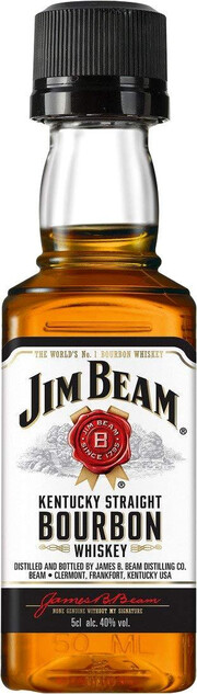 На фото изображение Jim Beam, 0.05 L (Джим Бим в маленьких бутылках объемом 0.05 литра)