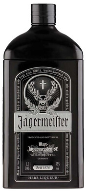 На фото изображение Jagermeister, Black Tin, 1 L (Егермейстер, в черной металлической бутылке объемом 1 литр)