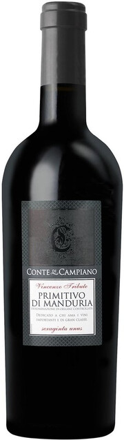 На фото изображение Conte di Campiano Primitivo di Manduria DOC, 0.75 L (Конте ди Кампиано Примитиво ди Мандурия объемом 0.75 литра)