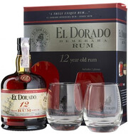 На фото изображение El Dorado 12 Years Old with 2 glasses, gift box, 0.7 L (Эль Дорадо 12-летний, в подарочной коробке с двумя стаканами объемом 0.7 литра)